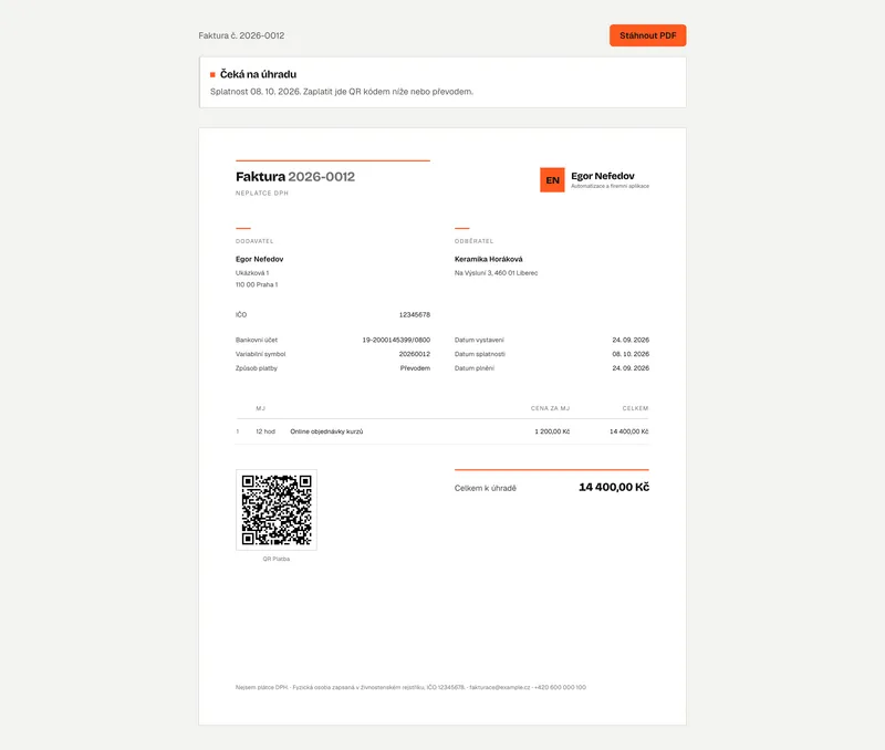 Veřejná stránka faktury s QR kódem pro platbu a stavem Čeká na úhradu