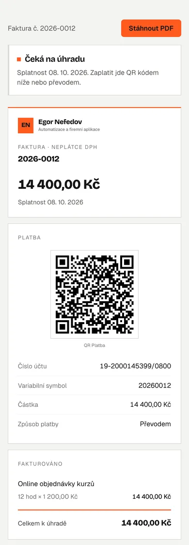 Mobilní zobrazení faktury s QR platbou a platebními údaji
