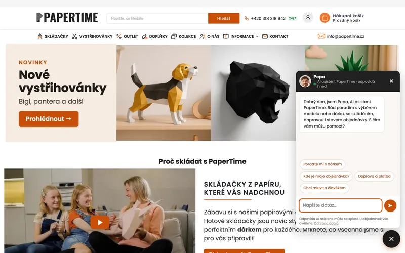 Otevřený chat s AI asistentem Pepa na papertime.cz s nabídkou rychlých dotazů