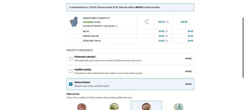 Košík demo e-shopu Shoptet s balným, dárkovým balením a dýškem