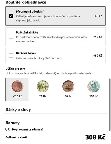 Mobilní košík s doplňky objednávky a výběrem dýška v podobě českých mincí