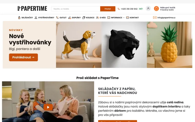 Úvodní stránka papertime.cz s novými ikonami v menu