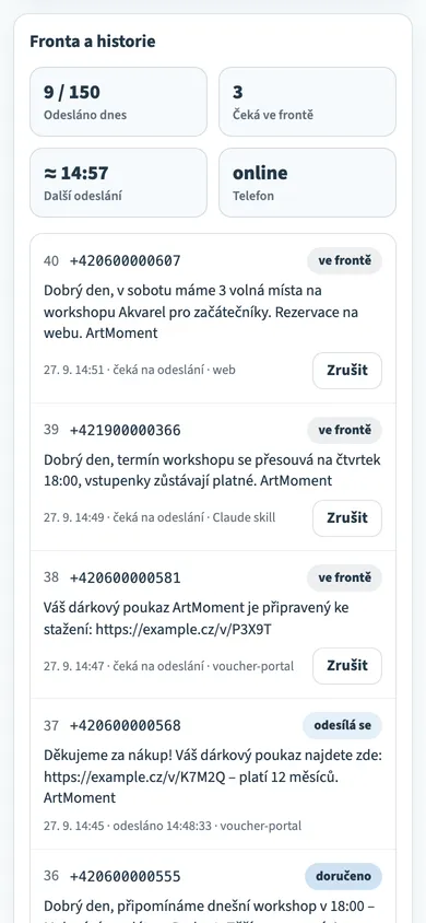 Mobilní zobrazení fronty SMS zpráv jako karty