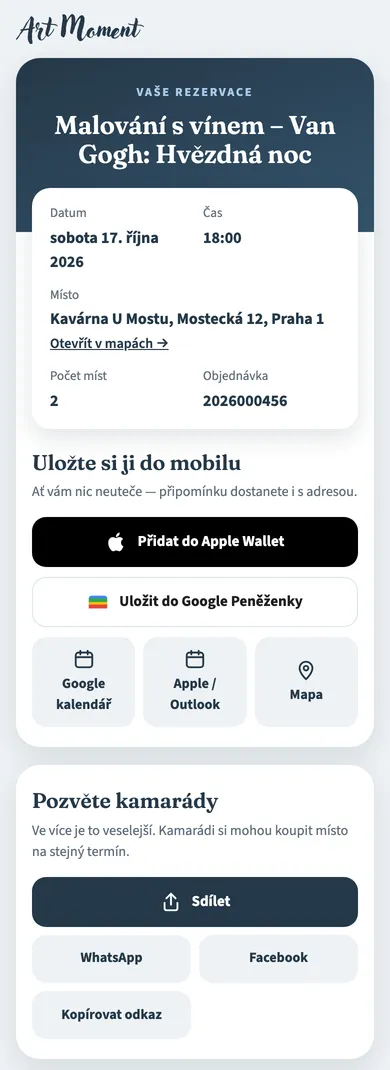 Mobilní stránka rezervace s datem, místem a tlačítky pro Wallet a kalendář