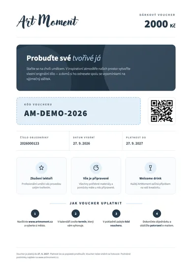 Dárkový poukaz ve formátu A4 s kódem, QR kódem, platností a postupem uplatnění