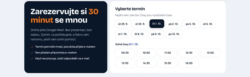 Rezervace 30minutové online schůzky s výběrem dne a volného času